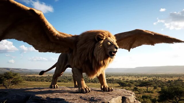 Winged lion roars, wings outstretched, atop rocky outcrop, savanna backdrop