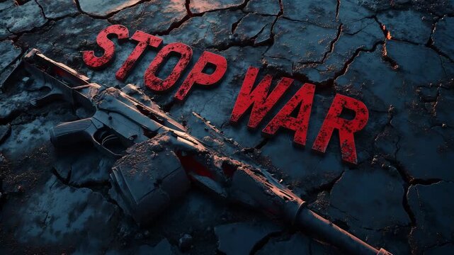 A gun rests on cracked dirt as the words Stop War stand out in bright red, emphasizing a call for peace and an end to conflict
