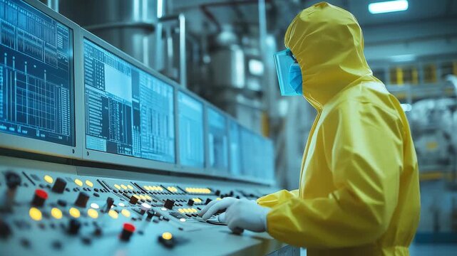 A technician operates a control panel in an industrial setting while wearing a yellow hazmat suit and protective gear