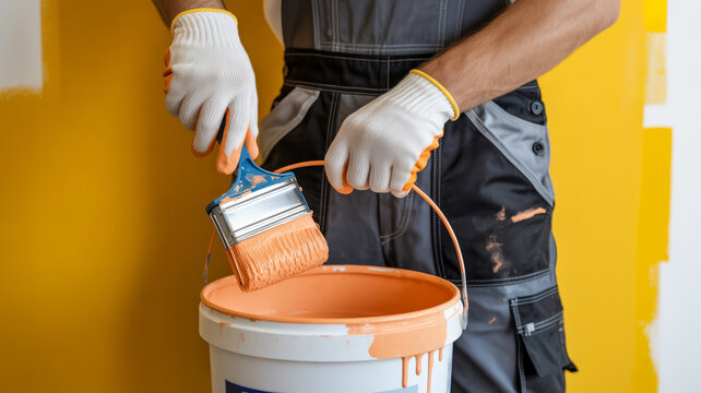 A painter holding an orange paintbrush over a bucket of orange paint.
