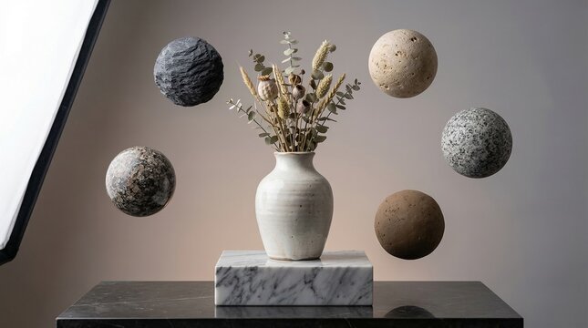 Floating Spheres Around Dried Flower Vase on Marble Pedestal, Still Life Studio Shot