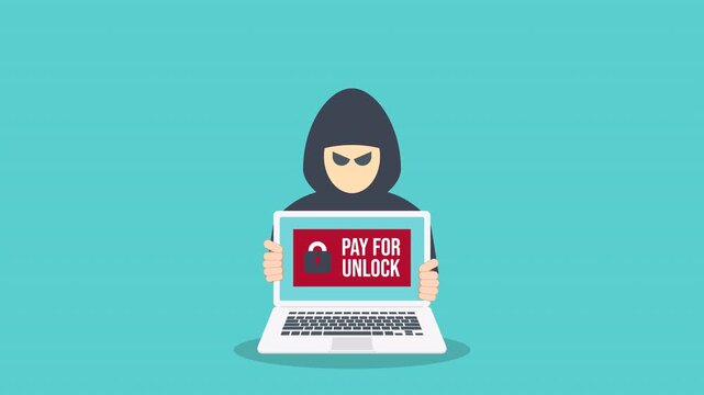 Ransomware Cyber Attack Animation &ndash; Hacker Demanding Payment to Unlock Laptop Screen, Malware Cybercrime, Data Encryption Extortion, Cybersecurity Threat Concept Animation