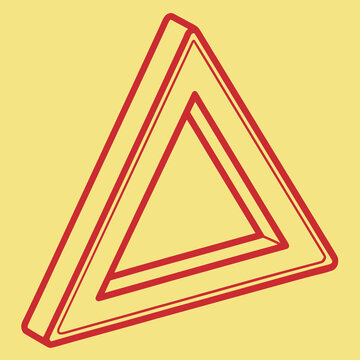 Impossible triangle optical illusion 3d rendering abstract geometric shape red outline on yellow background impossible object shape