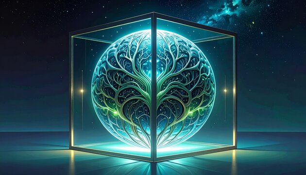 3D human brain glowing neural network in futuristic cube cage digital technology concept