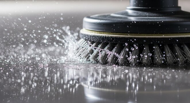 A high-speed rotating brush of a floor cleaning machine in action. Water droplets and spray are captured in mid-air as the brush scrubs a dark, reflective surface.