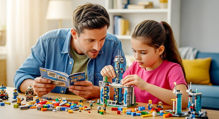Fototapeta premium Father and daughter building a Lego castle together at a wooden table