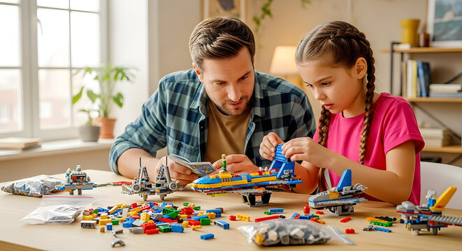 Father and daughter building a spaceship together at a table, enjoying quality family time