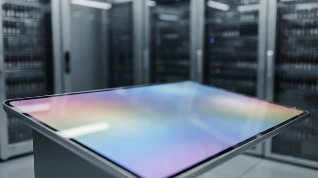 Focused medium frame of hybrid cloud control panel with touchscreen interface distant NAS racks and object storage systems gracefuly out of focus representing unified data