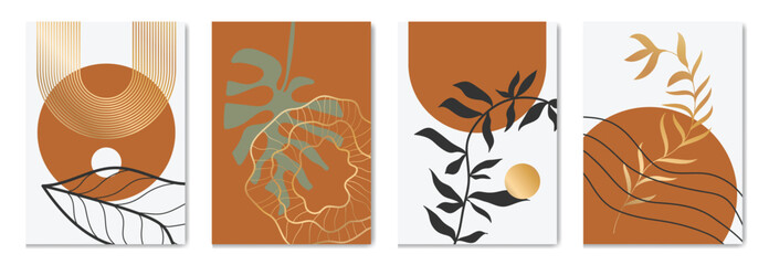 Naklejka premium Abstract botanical wall art vector set with black leaf line art and terracotta beige geometric shapes. Modern minimalist boho design for poster, print, home decor and gallery wall.