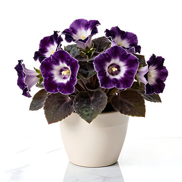 Gloxinia (Velvet). A vertical plant portrait featuring large, velvety gloxinia bells (purple and white) in an ivory ceramic pot.