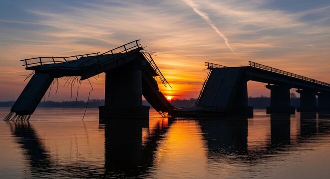 A silhouette of a collapsed concrete bridge over a calm body of water during a vibrant orange sunset.