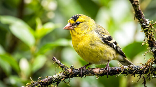 Yellow finch bird sitting on mossy branch