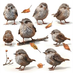 Fototapeta premium Bird Character Collection Posing with Autumn Leaves and Branches on White Studio Background