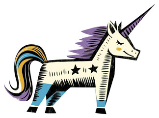 Fototapeta premium PNG Linocut full body unicorn illustration animal art.