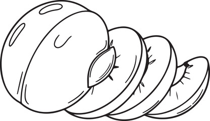 Whole and Sliced Peach with Pit Line Art Isolated on White