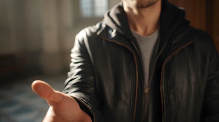 Fototapeta premium A man extends his hand forward in a gesture of offering or invitation illuminated by soft natural light in an indoor setting