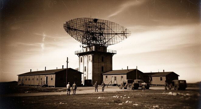A vintage-style, sepia-toned photograph of a massive military radar dish mounted on a concrete tower, surrounded by barracks and personnel.