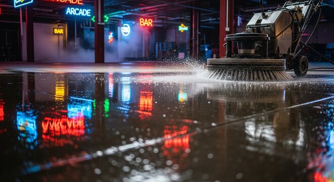 Close-up of a heavy-duty floor buffer cleaning a wet floor in a dark arcade or bar. Vibrant neon signs are reflected in the soapy water.