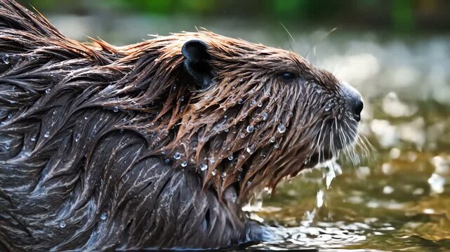 Close-up of a wet beaver swimming in calm water with blurred green background.