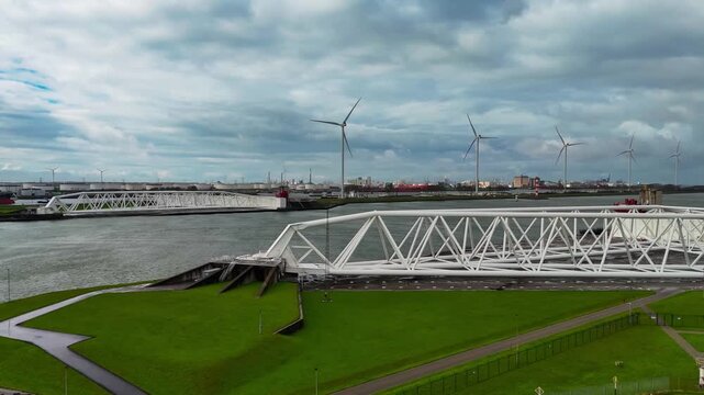 The Maeslantkering, or Maeslant barrier, is a storm barrier in the Rhine Delta in the Netherlands for flood protection. It is one of the largest moving structures on Earth. High quality 4k footage