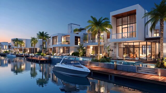 Spectacular tropical seascape with dramatic leaning palm trees casting long shadows on white sand, azure ocean fading into the horizon.