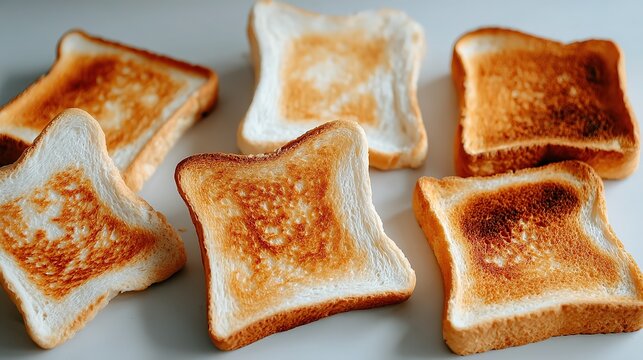 Toast doneness gradient display: six slices of toast arranged from light golden to dark brown, showcasing the full spectrum from light toast to well-done. 