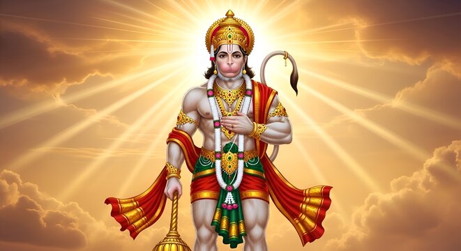 Powerful Lord Hanuman Ji Photo HD 4K with Golden Gada, Muscular Divine Form, Radiant Crown for Hanuman Jayanti Janmotsav Hanuman Ji Wallpaper Background