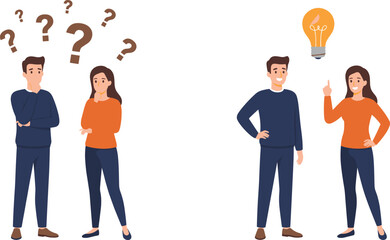 Fototapeta premium Cartoon characters with question marks and light bulb showing confusion to solution in problem‑solving design