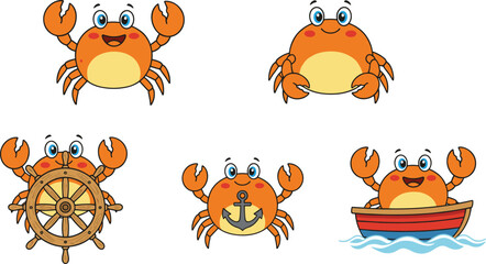 Cartoon crabs with cheerful expressions holding ship wheel, anchor, and boat illustration © Creative design
