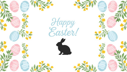 Cartoon Easter greeting card with rabbit, eggs, flowers, and “Happy Easter” text in festive design © Creative design