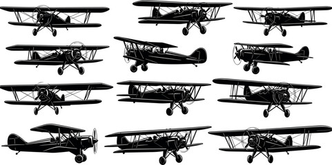 Vector silhouette collection of vintage biplanes featuring classic propeller aircraft in various flight angles for aviation history and retro airline graphic design projects. © MstRazia