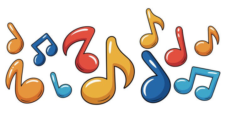 Assorted cartoon musical notes in various colors arranged horizontally on a white background Keywords: music, notes, musical