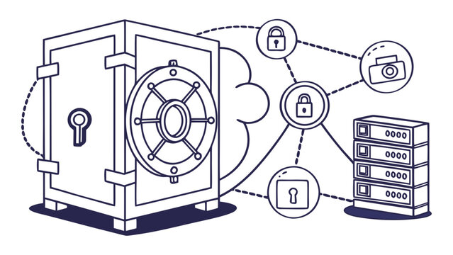A vector graphic illustration of a safe and server with secure connections and padlocks
