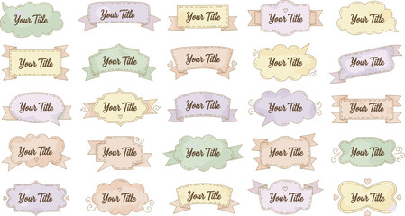 Collection of decorative title banners vector illustration with colorful frames, ribbons, hearts, swirls, and creative pastel designs © Creative design