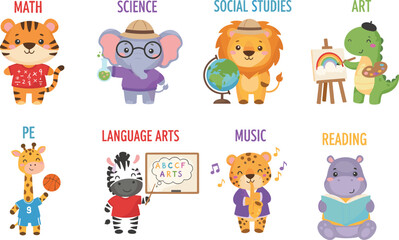 Obraz premium Colorful cartoon animals representing school subjects including math, science, art, music, reading, and physical education