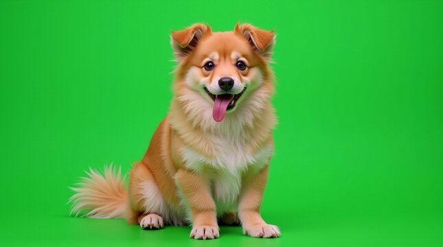 A cheerful fluffy Pomeranian dog sitting against a vibrant green background with its tongue out, exuding a happy demeanor.