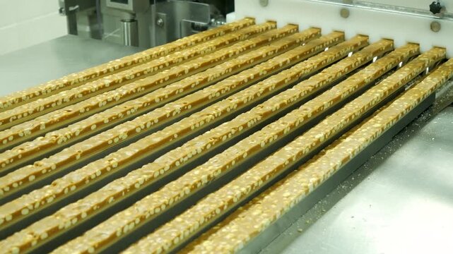 Parallel lines of nougat bars filled with roasted peanuts moving through automated slicing machinery on a metal conveyor belt during the production of multi-layer confectionery snacks