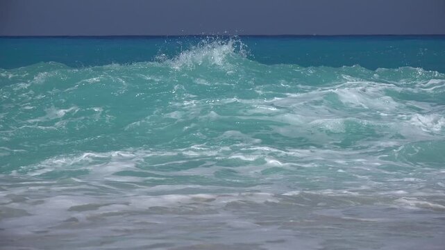 Blue Waves Splashing on Beach Closeup View, Summer Landscape on Coastline