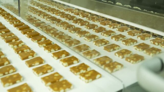 Rows of small rectangular nougat pieces filled with whole roasted peanuts moving along white automated conveyor belt during industrial confectionery manufacturing process