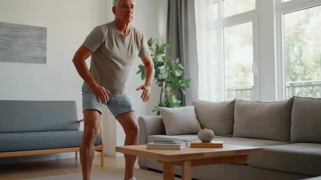 Mature Male Person Diligently Carries Out Scheduled Physical Therapy Routines In Brightly Lit Living Space