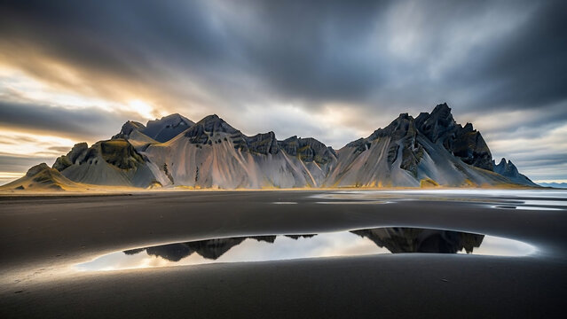 Dramatic Icelandic coastal mountains reflected in tidal pools at sunset