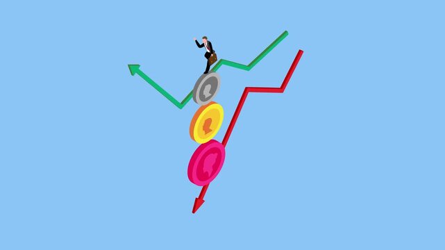 Businessman Balancing on Stack of Coins Between Rising and Falling Market Arrows 3d animation cartoon