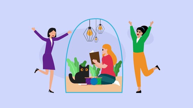 Introvert in Cozy Sanctuary: Conceptual Illustration of Personal Space, Solitude, and Social Energy Contrast cartoon animation