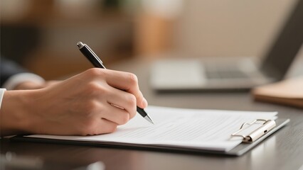 A person in business attire signs a document on a clipboard with a pen, indicating agreement or confirmation in a professional setting