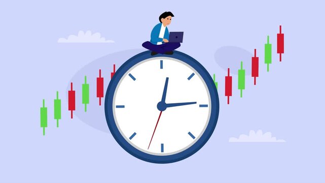 Stock Market Trading and Time Management with Trader on Clock and Candlestick Charts cartoon animation