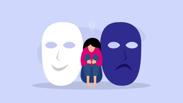 Bipolar Disorder and Mental Health Concept with Sad Woman Between Happy and Sad Masks cartoon animation