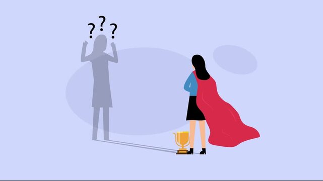 Successful Businesswoman in Superhero Cape with Questioning Shadow and Trophy cartoon animation