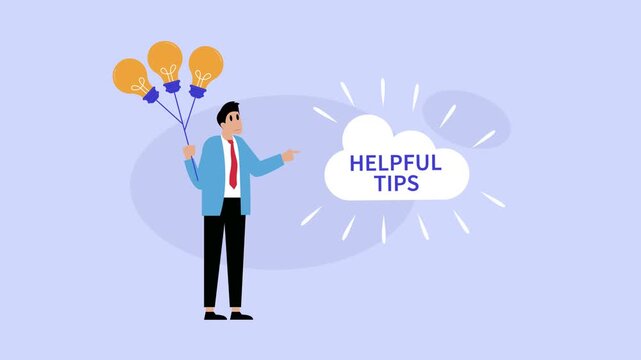 Businessman Holding Light Bulb Balloons Pointing to Helpful Tips Cloud cartoon animation