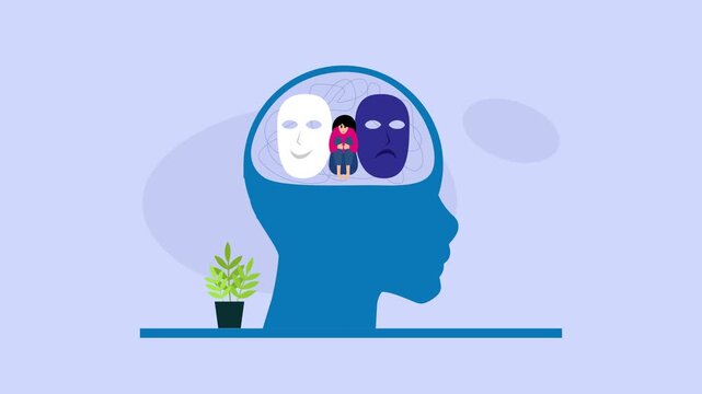 Mental Health Concept with Sad Woman and Mood Masks Inside Human Head Profile cartoon animation
