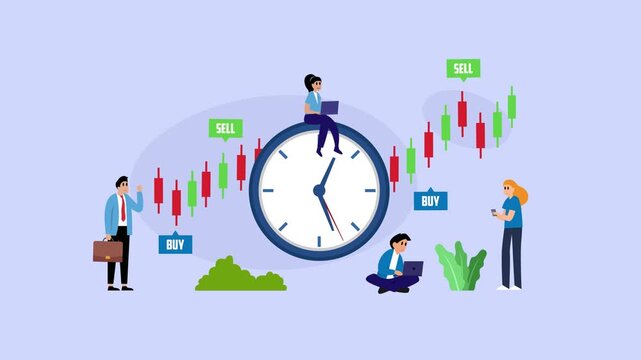 Stock Market Day Trading and Global Finance Concept with Traders, Buy Sell Signals, and Giant Clock cartoon animation